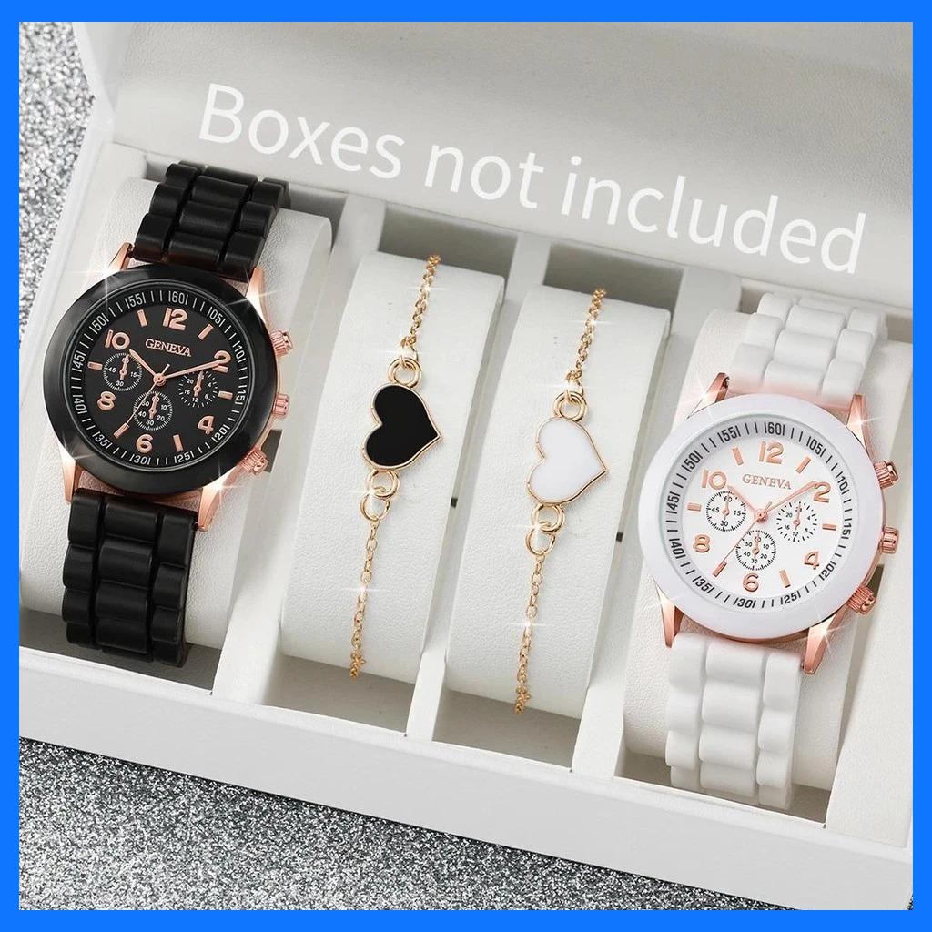 4PCS Jam Tangan Pasangan Fashion Tali Silikon Gelang Jantung Jam Tangan Kuarsa Wanita (Tanpa Kotak)